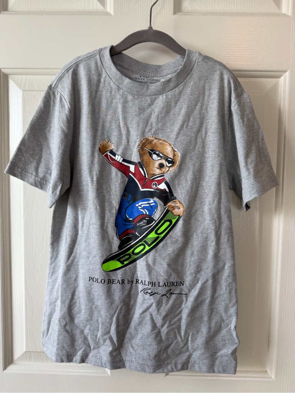 Boys Ralph Lauren Gray Polo Bear Snowboard Tee with Neon Green Snowboard Size S